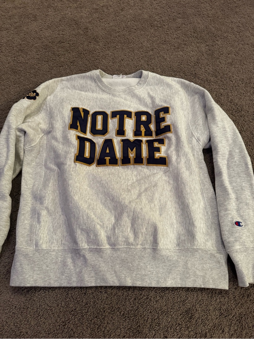 Champion Gray Notre Dame Crewneck with Navy & Gold Applique